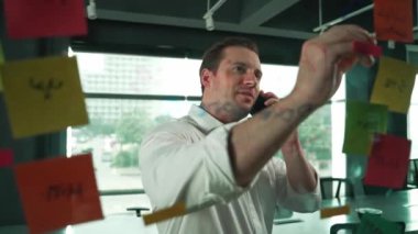 Profesyonel işadamı renkli yapışkan notlara yazılmış pazarlama stratejisi fikrine bakarken müşterilerine telefon ediyor. Proje yöneticisi duvardaki telefon analiz verileriyle konuşuyor. Yönlendirici.