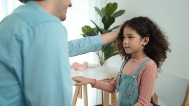 Father talking to daughter and explain about generate ai while laptop screen show engineering prompts or coding program. Happy dad checking schoolgirl understanding about writing program. Pedagogy. clipart