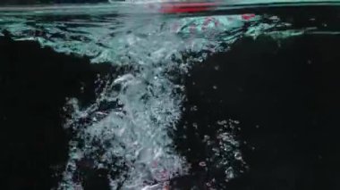 Temiz suda yüzen, siyah arka planda canlı kırmızı bir domatesin yakın çekimi. Elmanın düşüşünün ve serin suya düşüşünün makrografisi. Tazelik kavramı. Pabulum.