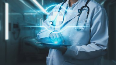 Close up of doctor with lab coat holding tablet with medical cross floating. Skilled medical worker searching diagnosis data and checking emergency service by using technology innovation. Remedial. clipart