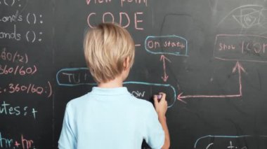 Tahtaya yazı yazan öğrencilerin arka planı. Yakışıklı zeki çocuk ya da çocuk BTMM teknoloji sınıfında kodlama ve programlama sistemi kullanarak bir proje planlıyor. - Yakın çekim. Etkinlik.