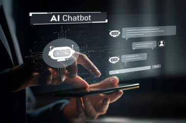 Yapay zeka sanal asistanı Chatbot ile yapay zeka konsepti ile insan etkileşimi, yapay zeka mühendisliği, LLM yapay zeka derin öğrenimi iş desteği için üretken yapay zeka kullanımı. EIDE