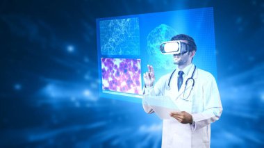 Medical worker holding medical document hologram while standing at laboratory. Doctor checking and looking at brain hologram to analyzing symptom while wearing virtual reality headset. Apparatus. clipart