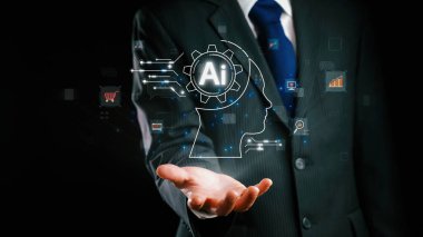 Yapay zeka mühendisliği, büyük veri ve yapay zeka makinesi kavramında yapay zeka beyin işlemcisiyle iş desteği için üretken yapay zeka kullanmayı öğrenen insan etkileşimi. Kullanıcı Kimliği