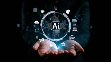 Yapay zeka mühendisliği, büyük veri ve yapay zeka makinesi kavramında yapay zeka beyin işlemcisiyle iş desteği için üretken yapay zeka kullanmayı öğrenen insan etkileşimi. Kullanıcı Kimliği