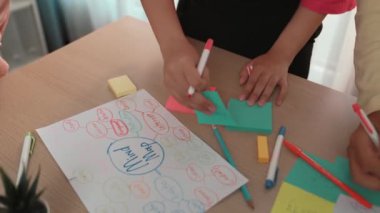 Başlangıç çalışanı ekibinin yavaş çekimde stratejik pazarlama planı üzerinde kafa yorması ve toplantı odasındaki ofis masasına renkli yapışkan notlarla zihin haritası çıkarması. Değiştirilmiş
