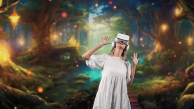 VR 'a bakan gülümseyen bir kadın Bokeh neon kar yağışı altındaki harika peri masalı orman harikaları diyarını meta sihirli dünyanın arkasındaki gizemli sihirli yeşillik gibi çevreledi. Kısıtlanma.