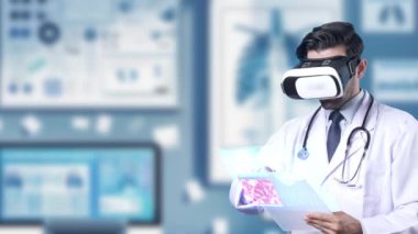 Tıp çalışanı laboratuvarda dururken tıbbi belge hologramını tutuyor. Doktor sanal gerçeklik kulaklığı takarken kalp hologramına bakıp semptomları analiz ediyor. Aygıt.