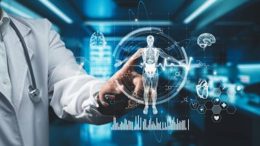 Doktorun insan anatomisini gösteren hologramına yaklaşırken laboratuvarda bulanık bir geçmişi var. Sağlık çalışanı konsol panelini ve beyin bozukluğunu kontrol ediyor. İyileştirici.