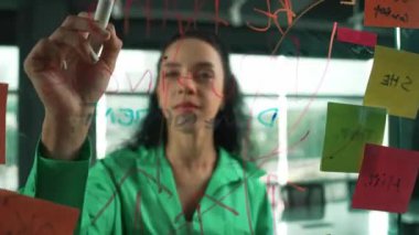 Zeki, profesyonel İspanyol iş kadınının portresi renkli yapışkan notlarla cam tahtaya pazarlama fikirleri yazıyor. Genç yönetici, analiz iş planının zihin haritasını çiziyor. - Yakın çekim. Yönlendirici.