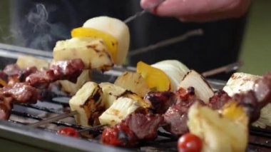 Grilled food of family celebration anniversary. Family have dinner party in garden. Outdoor camping activity relax with tasty food and spend time with cute relatives cross generation gap. Divergence.