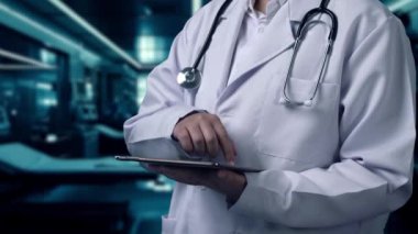 Doktorun laboratuvar önlüklü, elinde tıbbi haçlı tablet olan fotoğrafını çek. Yetenekli bir tıp çalışanı, teknolojik yenilikler kullanarak teşhis verilerini araştırıyor ve acil servisleri kontrol ediyor. İyileştirici.
