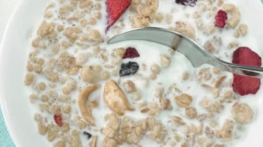 Beyaz kaseyi mısır gevreği, süt ve kuru çilekle kapat ve yemeye hazırlan. Bir kaşık mısır gevreği ve kuru meyveyi sütlü alırken yukarıdan aşağıya doğru. Makrografi. Sağlıklı gıda konsepti. Pabulum.