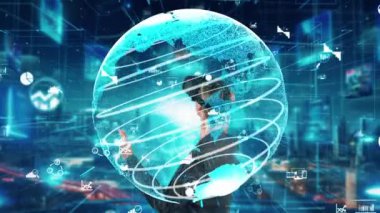 Dünya finans verilerini VR gözlükleriyle analiz eden bir kadın sunucudaki küresel arayüz dijital bilgi ağı teknolojisi sanal gerçeklik animasyonunu tersine çeviriyor. Kısıtlanma.