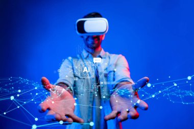 Yapay zeka sanal asistanı Chatbot ile yapay zeka konsepti ile insan etkileşimi, yapay zeka mühendisliği, LLM yapay zeka derin öğrenimi iş desteği için üretken yapay zeka kullanımı. FaaS