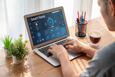 Smart home technology, centric remote control system with digital dashboard for air conditioning, safety security network or house automation. App software, ui panel programming IOT monitor snugly