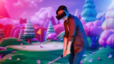 Metaverse 'te golf oynarken VR gözlük takan yetenekli bir oyuncu ya da mor gökyüzü olan golf sahası. Simülasyon dünyasına girerken spor yapan çekici bir golfçü ya da sporcu. Yaratıcılık.