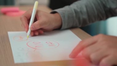 Yavaş çekim kapanış çalışanı stratejik pazarlama planı yapıyor ve toplantı odasındaki ofis masasına renkli yapışkan notlarla zihin haritası yapıyor. Değiştirilmiş
