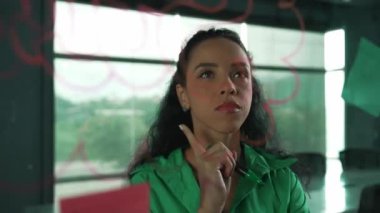 Zeki profesyonel İspanyol iş kadını renkli yapışkan notlarla cam tahtaya pazarlama fikirleri yazıyor. Genç çekici yönetici, analiz iş planının zihin haritasını çiziyor. - Yakın çekim. Yönlendirici.