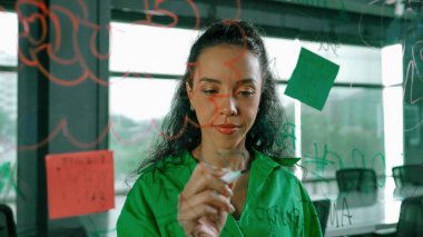 Genç İspanyol çalışanlar renkli yapışkan notlar yazıyorlar. Akıllı iş kadını pazarlama fikrini, beyin fırtınası stratejisini, iş planını paylaşıyor. Proje yöneticisi zihin haritası çiziyor. - Yakın çekim. Yönlendirici.