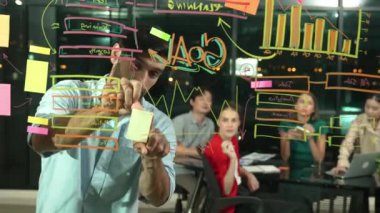 Professional businessman putting sticky notes on glass wall while explain start up project. Skilled project manager pointing at business plan while sharing marketing idea to investor. Tracery