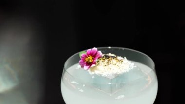 Dönüşümlü karışık kremalı votka kokteyl bardağı üzerine pembe çiçek ve buzda yanmış şeker, alkol serinletici vitrin odaklı reklamı için özel içecek listesi yapıyor. Vinosity.