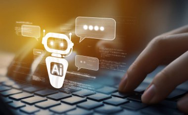 Yapay zeka sanal asistanı Chatbot ile yapay zeka konsepti ile insan etkileşimi, yapay zeka mühendisliği, LLM yapay zeka derin öğrenimi iş desteği için üretken yapay zeka kullanımı. EIDE