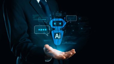 Yapay zeka sanal asistanı Chatbot ile yapay zeka konsepti ile insan etkileşimi, yapay zeka mühendisliği, LLM yapay zeka derin öğrenimi iş desteği için üretken yapay zeka kullanımı. Kullanıcı Kimliği