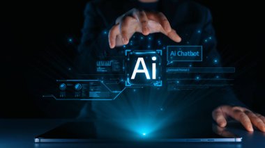 Yapay zeka sanal asistanı Chatbot ile yapay zeka konsepti ile insan etkileşimi, yapay zeka mühendisliği, LLM yapay zeka derin öğrenimi iş desteği için üretken yapay zeka kullanımı. Kullanıcı Kimliği