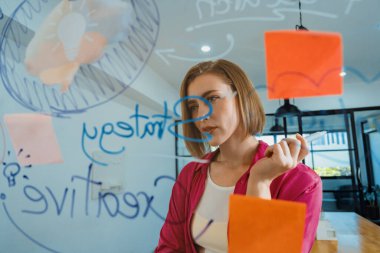 Zihin haritası ve cam panodaki renkli çıkartma kullanarak çekici, zeki, beyaz iş kadını beyin fırtınaları ve pazarlama fikirlerinin yakınlaştırılması. Yaratıcı iş kurma konsepti. Tertemiz..