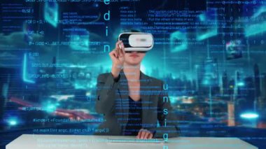 VR yenilik arayüzü dijital ağ teknolojisi görsel hologram sunucusu tarafından akıllı web sitesi geliştirme kodlayıcı veri seçimini analiz etmek için bilgisayar kodu yazan IT geliştiricisi. Kısıtlanma.