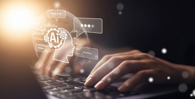 Yapay zeka sanal asistanı Chatbot ile yapay zeka konsepti ile insan etkileşimi, yapay zeka mühendisliği, LLM yapay zeka derin öğrenimi iş desteği için üretken yapay zeka kullanımı. EIDE