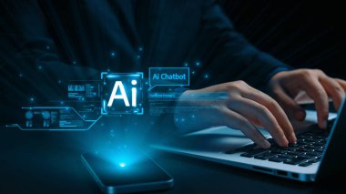 Yapay zeka sanal asistanı Chatbot ile yapay zeka konsepti ile insan etkileşimi, yapay zeka mühendisliği, LLM yapay zeka derin öğrenimi iş desteği için üretken yapay zeka kullanımı. Kullanıcı Kimliği