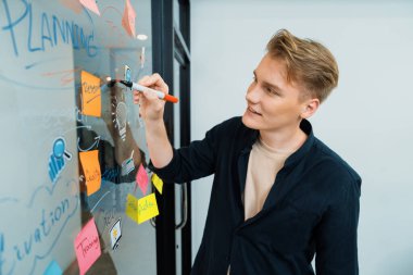 Modern toplantı odasındaki cam tahtaya zihin haritası ve yapışkan notlar kullanarak profesyonel beyaz erkek lider yazma ve pazarlama fikrini paylaşıyor. Yaratıcı iş ve planlama konsepti. Tertemiz..