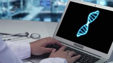 Akıllı doktorların klavye yazıp laboratuvarda DNA örneği içeren dizüstü bilgisayara bakmalarını sağla. Profesyonel tıp çalışanı DNA örneği kullanarak teşhis koyuyor. Genetik kod tasarımı. İyileştirici.