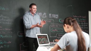 Kafkas öğretmeni alkışlayarak öğrencileri kodlamayı veya programlamayı teşvik etmek için alkışlıyor. Çeşitli öğrenciler STEM sınıfına katılırken başarılı bir projeyi kutlamak için el çırpıyorlar. Öğretim