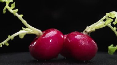 Dilimlenmiş taze turpun yakın çekimi siyah arka planda patlar. Canlı kırmızı et, karanlığa karşı bir işaret. Bu basit kompozisyon turpların eşsiz güzelliğini vurguluyor. Geliştirilebilir.