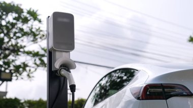 Doğal yeşil şehir parkındaki otoparkta EV elektrikli araba şarj pili. Sürdürülebilir ve çevre dostu şehir yolculuğu için yenilenebilir otomobil için alternatif temiz enerji teknolojisi. Eşzamanlama