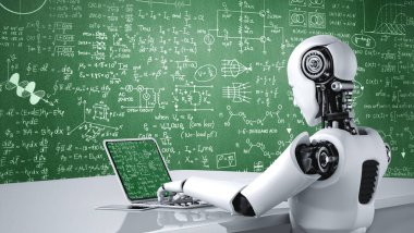Bilgisayar ekranında bilim ve eğitim kavramını gösteren matematiksel denklemler ve modem formülü