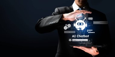 Yapay zeka sanal asistanı Chatbot ile yapay zeka konsepti ile insan etkileşimi, yapay zeka mühendisliği, LLM yapay zeka derin öğrenimi iş desteği için üretken yapay zeka kullanımı. FaaS