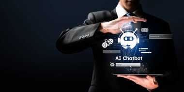 Human interact with AI artificial intelligence virtual assistant chatbot in concept of AI artificial intelligence prompt engineering, LLM AI deep learning to use generative AI for work support. FaaS clipart