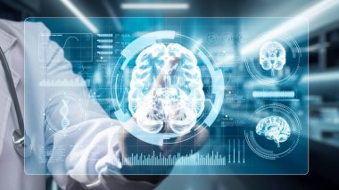 Close up of smart doctor pointing at brain hologram while standing at laboratory with blurring background. Medical worker checking and accessing medical data while analyzing brain structure. Remedial. clipart