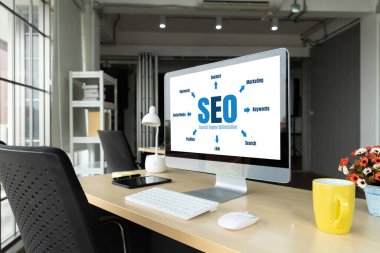 Model e-ticaret için SEO arama motoru optimizasyonu ve bilgisayar ekranında gösterilen çevrimiçi perakende işi
