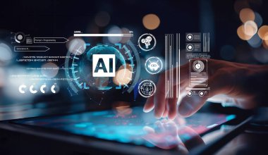 Yapay zeka mühendisliği, büyük veri ve yapay zeka makinesi kavramında yapay zeka beyin işlemcisiyle iş desteği için üretken yapay zeka kullanmayı öğrenen insan etkileşimi. EIDE