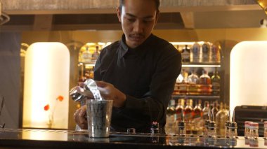 Asyalı barmenin karışık kokteyl likörünü likör karışımına katması, özel reklamı yaratıcı, canlandırıcı, bar lüksünde canlandırıcı bir vitrin haline getiriyor. Vinosity.