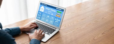 Smart home technology, centric remote control system with digital dashboard for air conditioning, safety security network or house automation. App software, ui panel programming IOT monitor snugly