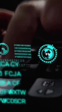 Grafik kullanıcı arayüzü GUI hologramı ile dizüstü bilgisayar klavyesinde çalışan adam büyük veri bilimi teknolojisi, dijital ağ bağlantısı ve bilgisayar programlama algoritması kavramlarını gösteriyor.