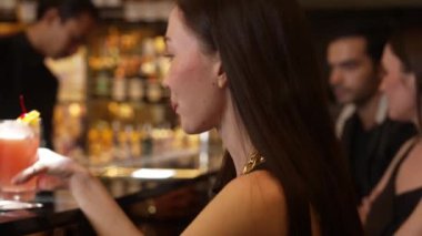 Güzel bir kadının lüks bir tezgah barda çift ya da arkadaşıyla Paloma kokteylini yudumlamasını Cuma gecesi canlı bir gece kulübü yaşam tarzı toplantısında özel parti içeceğini kutlamasını. Vinosity.