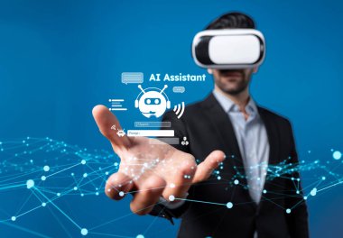 Yapay zeka sanal asistanı Chatbot ile yapay zeka konsepti ile insan etkileşimi, yapay zeka mühendisliği, LLM yapay zeka derin öğrenimi iş desteği için üretken yapay zeka kullanımı. FaaS