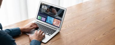 blogging concept, web blog Social Media Information network snugly. social media online content, freelance worker, working online, content creator, blogger, website, reading blog online on computer